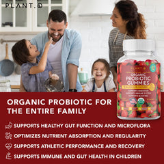 Plant.O Nutrition probiotic gummies organic label highlighting vegan non-GMO ingredients