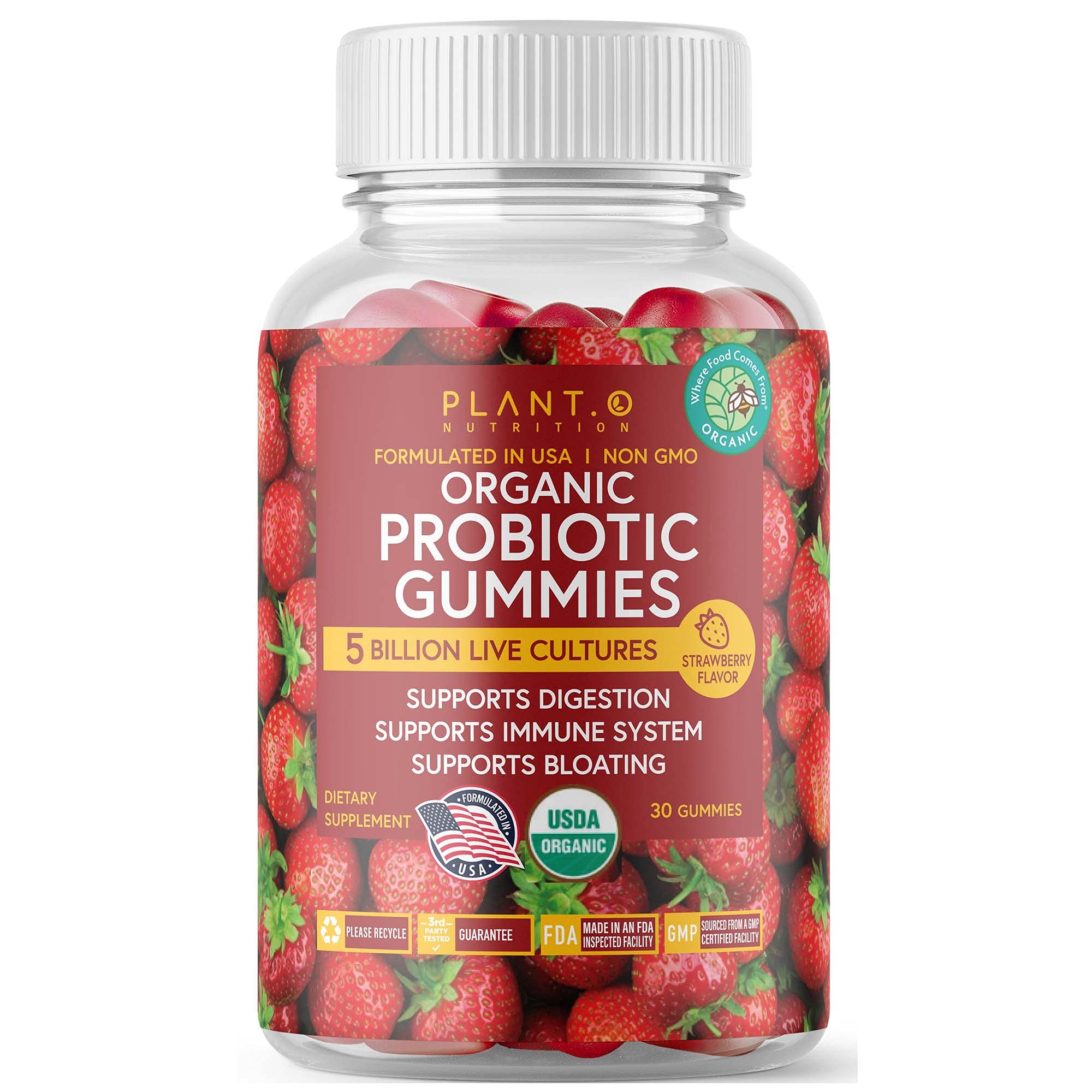 Plant.O Nutrition probiotic gummies strawberry bottle for daily digestive support