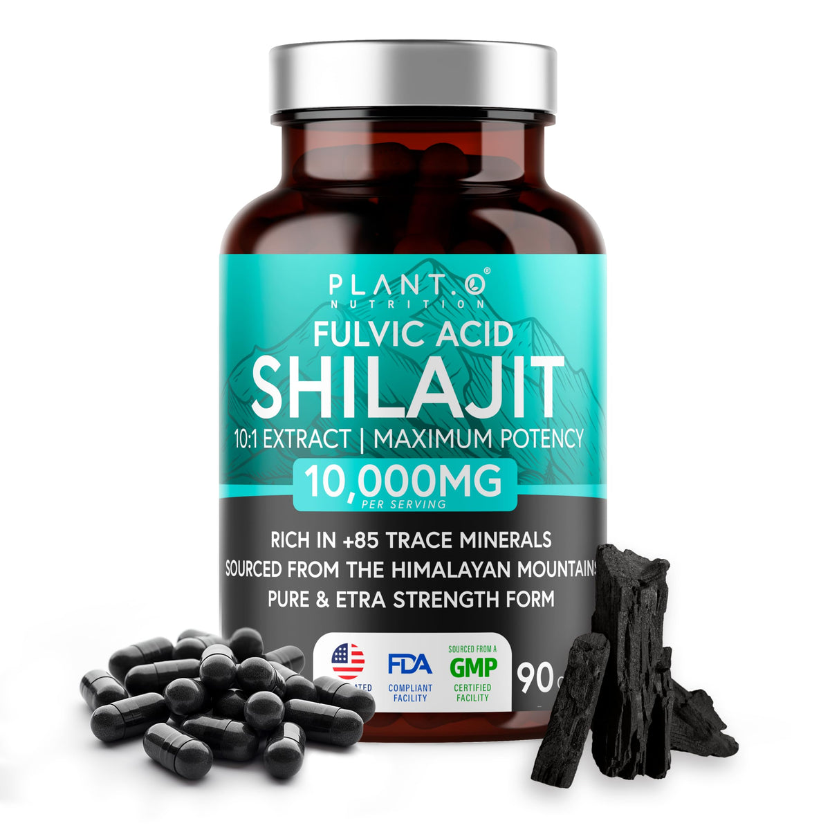 PLANT.O NUTRITION Shilajit bottle front shows 10,000 mg potency for energy support