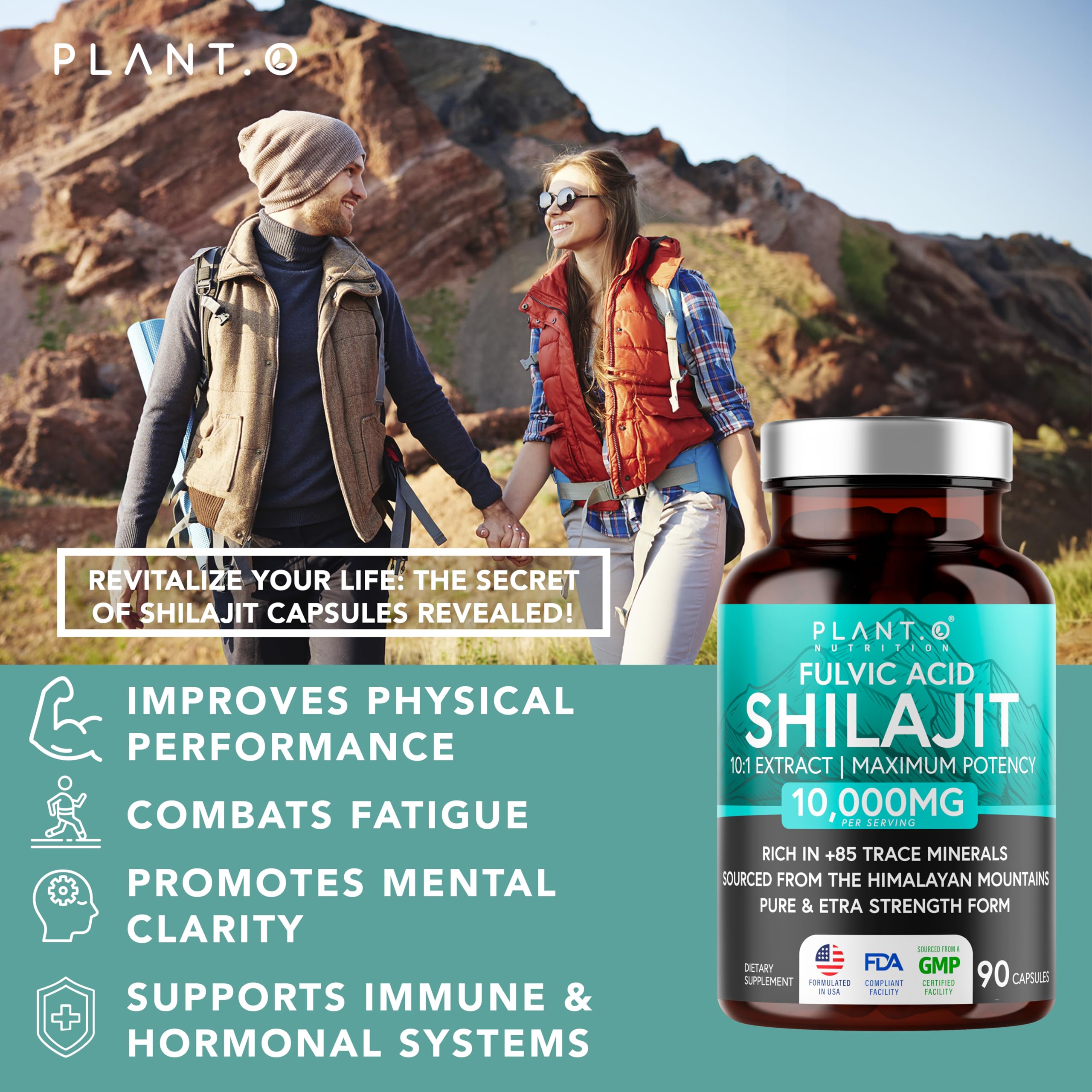 PLANT.O NUTRITION Shilajit capsules close-up illustrating fulvic acid content