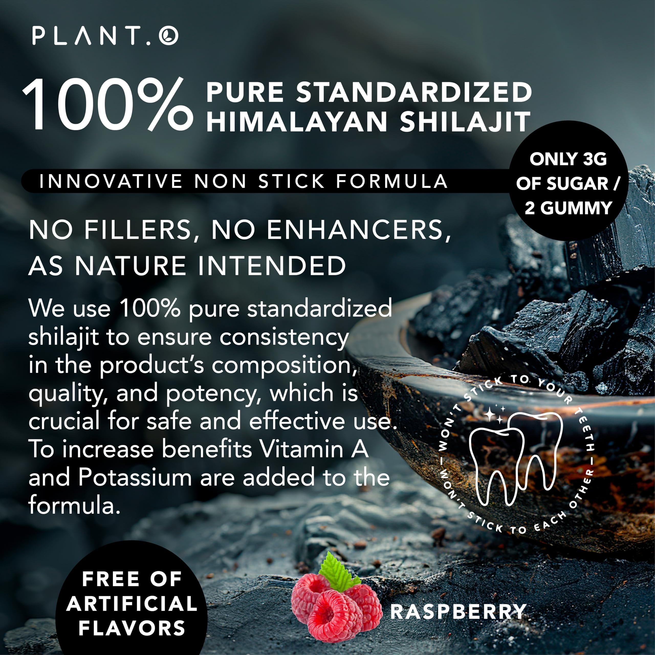 PLANT.O NUTRITION Shilajit Gummies non-stick formula close-up.