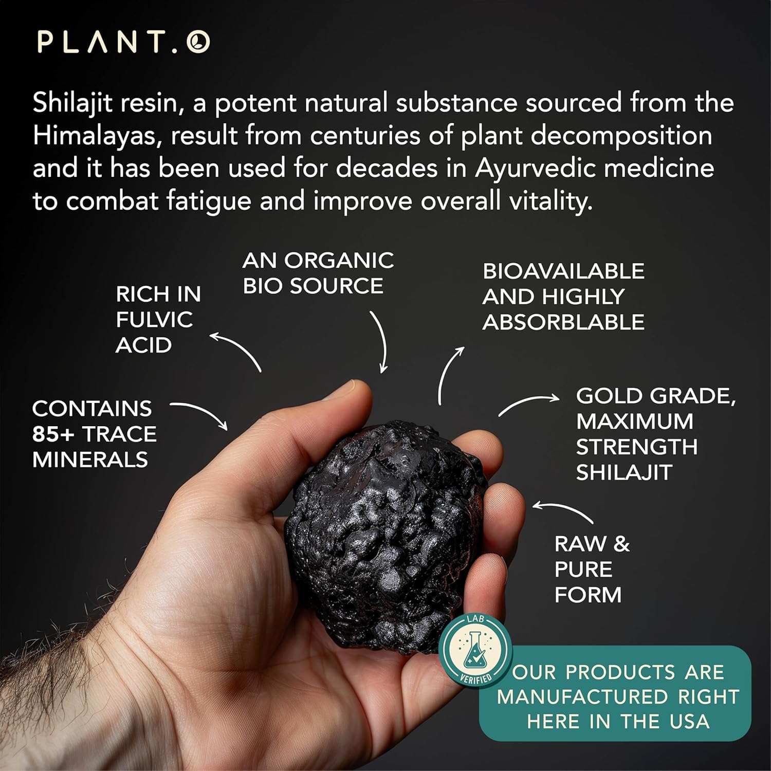 PLANT.O NUTRITION Shilajit Gummies label highlights 85+ minerals and fulvic acid.
