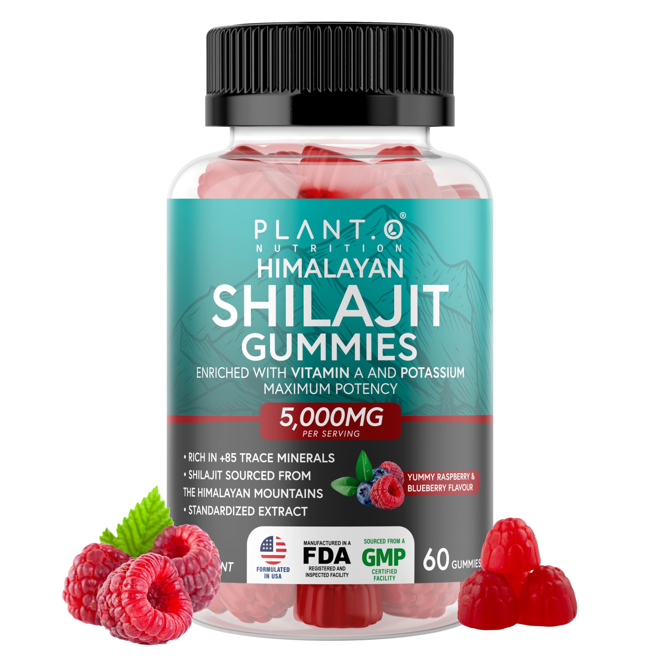 PLANT.O NUTRITION Shilajit Gummies raspberry bottle for daily energy support.