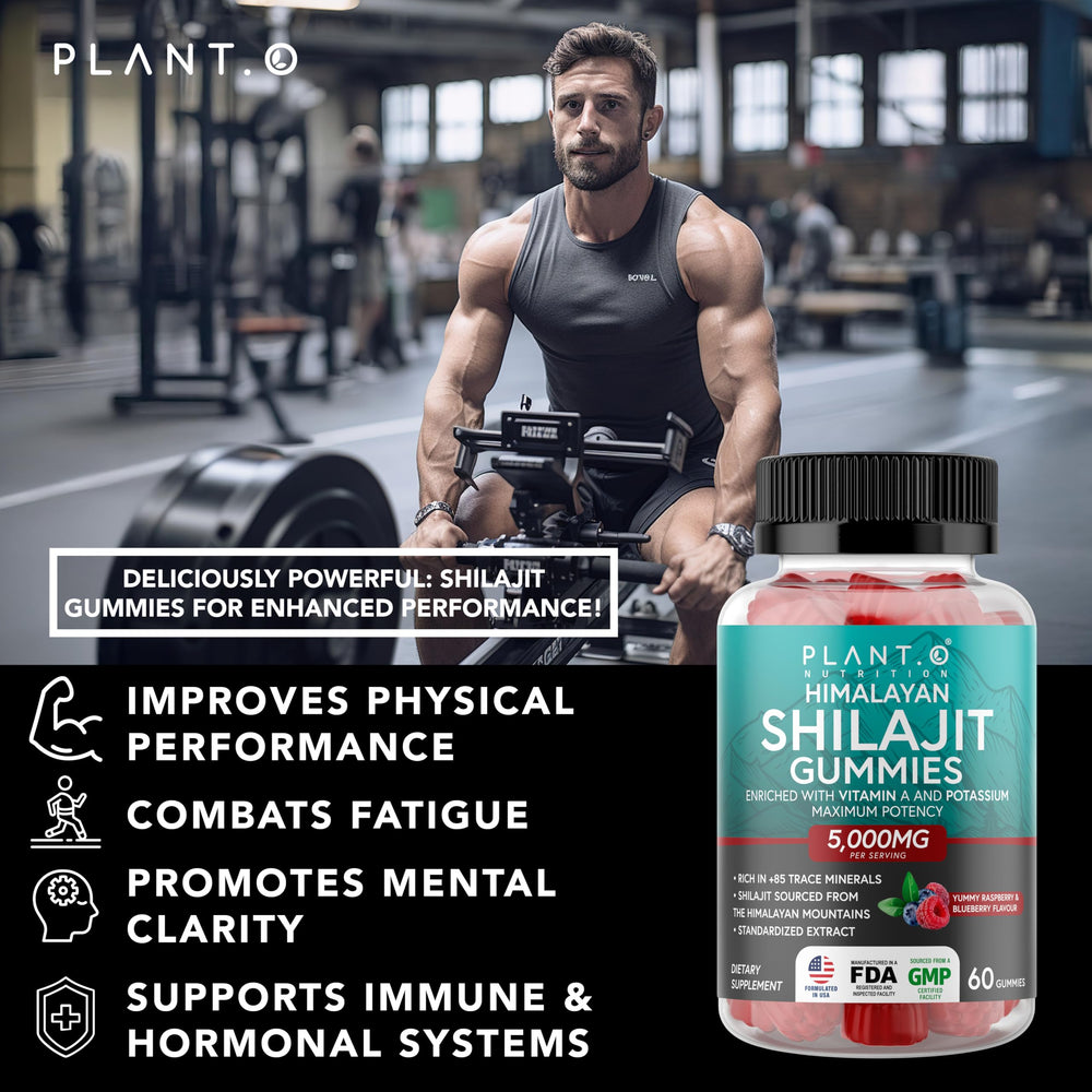 PLANT.O NUTRITION Shilajit Gummies raspberry jar showcases minerals.