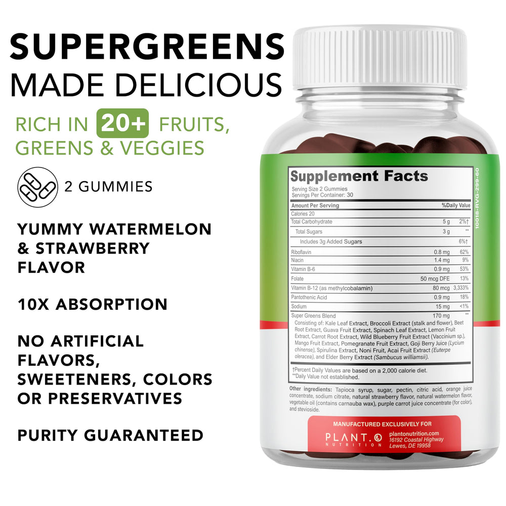 PLANT.O NUTRITION SuperGreens Gummies bottle on table for grab-and-go vitality.