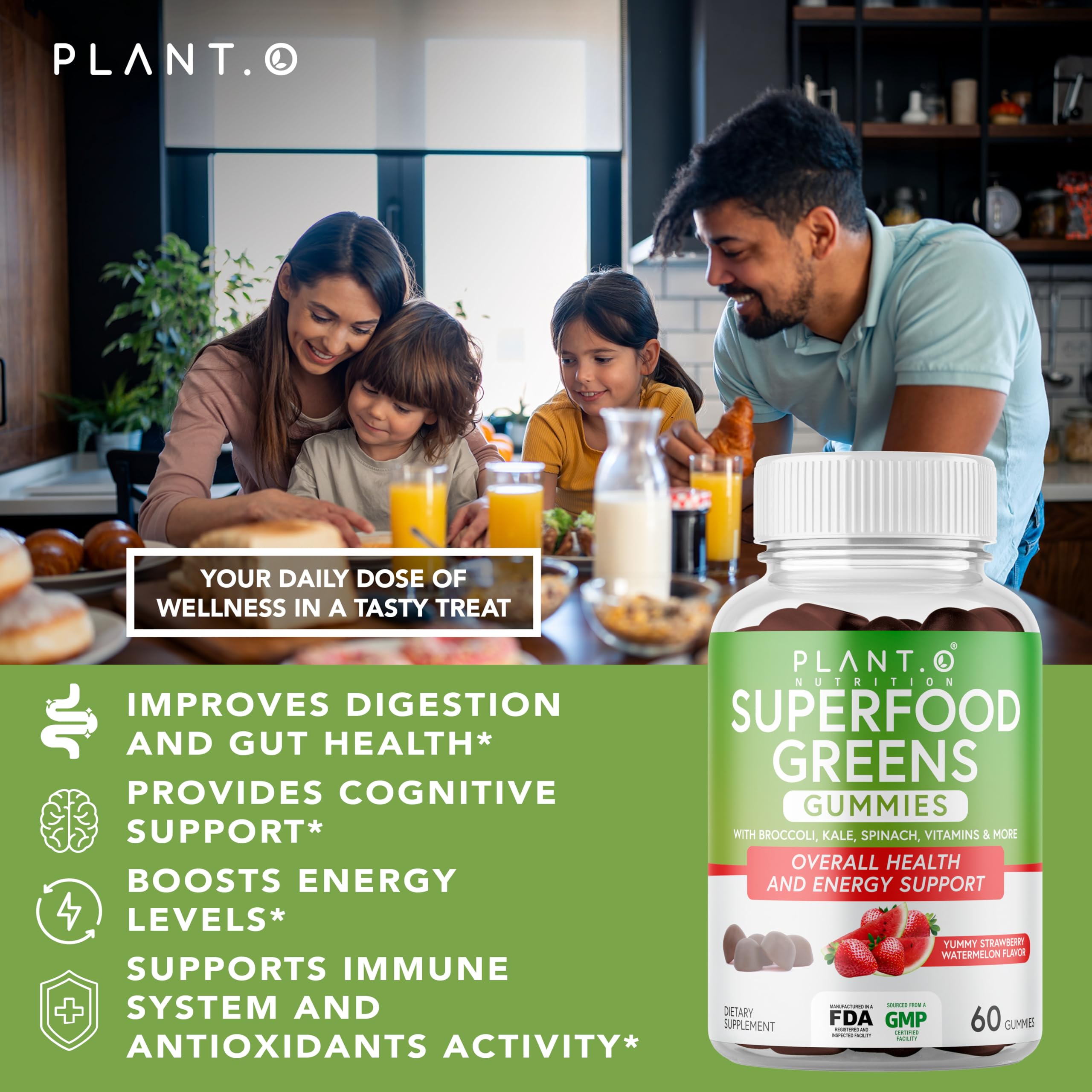 PLANT.O NUTRITION SuperGreens Gummies closeup texture and bright colors for tasty nourishment.