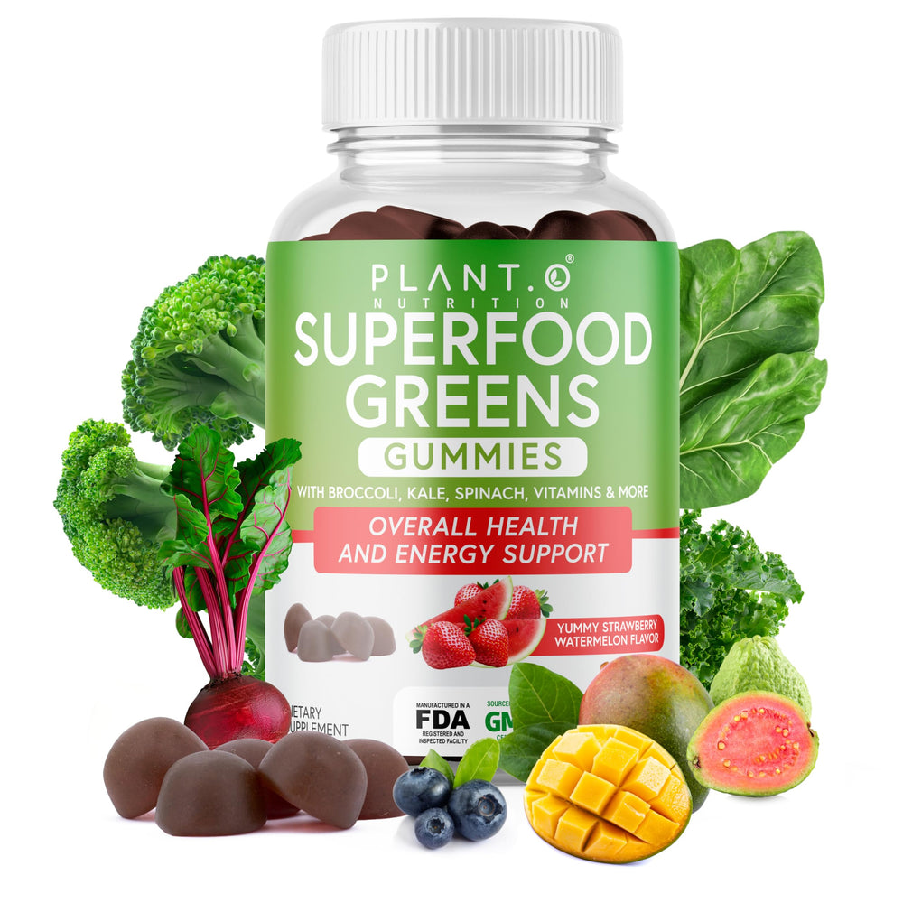 PLANT.O NUTRITION SuperGreens Gummies packaging front for convenient daily wellness.