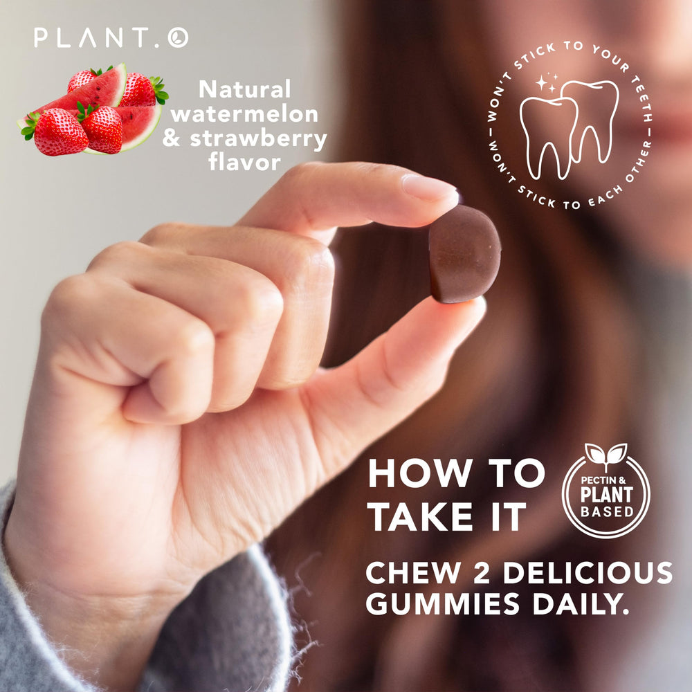PLANT.O NUTRITION SuperGreens Gummies strawberry flavor, a tasty option for on-the-go fiber and nutrients.