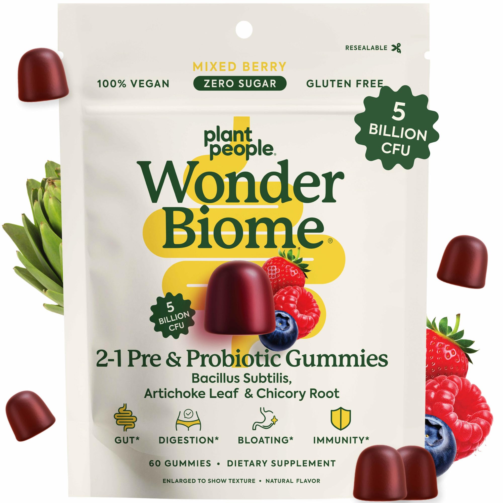 Plant People WonderBiome bottle front shows 60 vegan gummies for daily gut support.