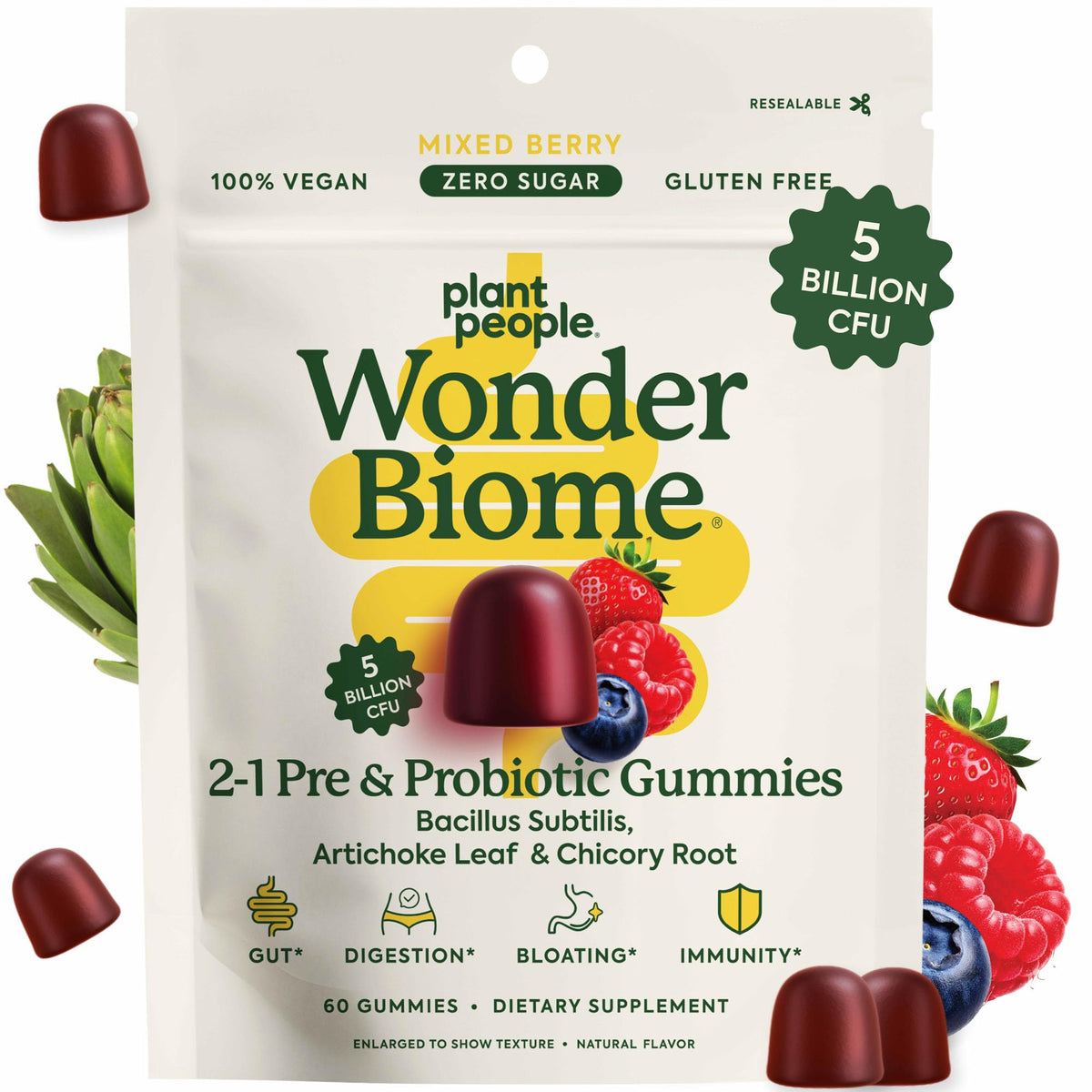 Plant People WonderBiome bottle front shows 60 vegan gummies for daily gut support.