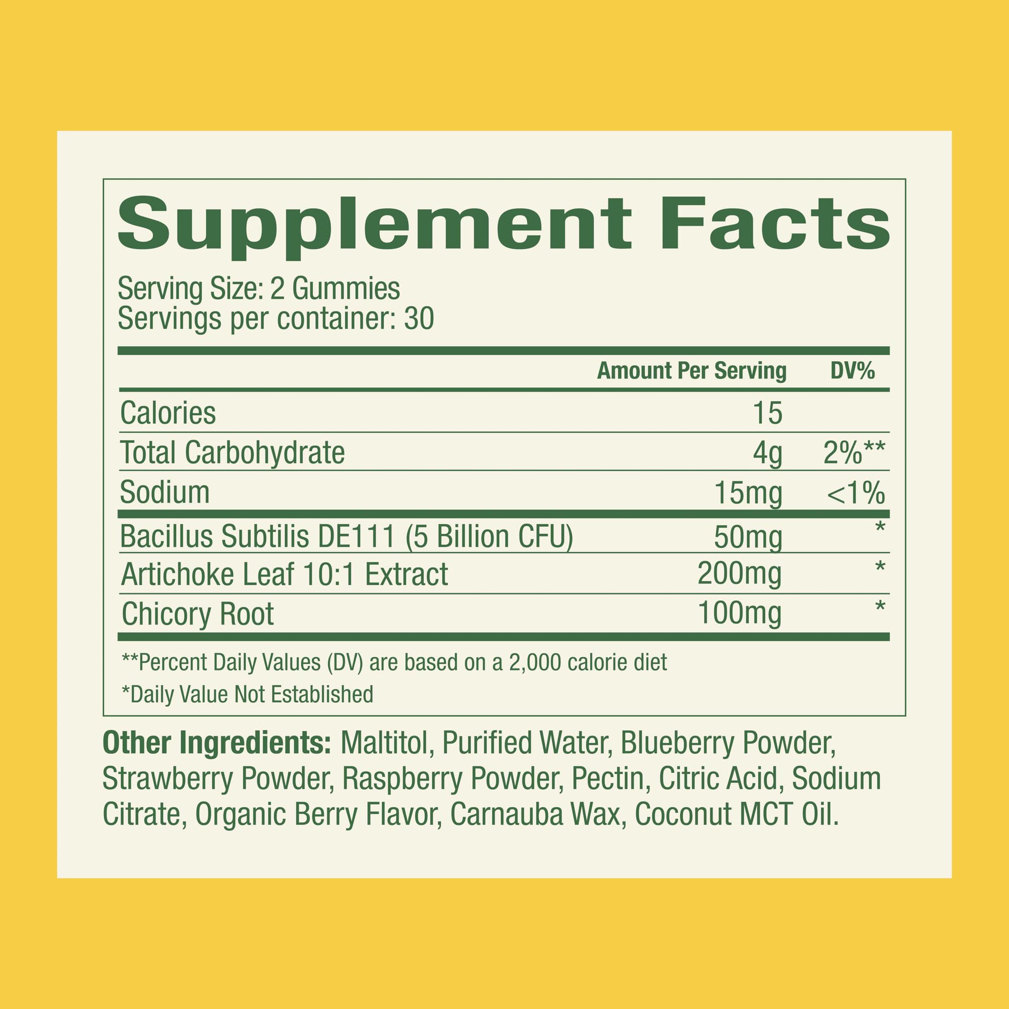 Close-up of WonderBiome gummies highlights chewy texture and sugar-free formulation.