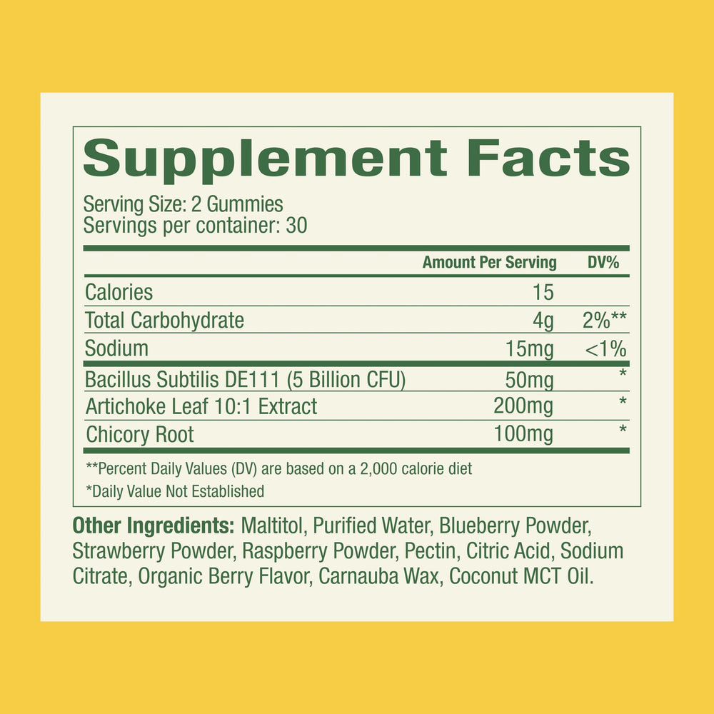 Close-up of WonderBiome gummies highlights chewy texture and sugar-free formulation.