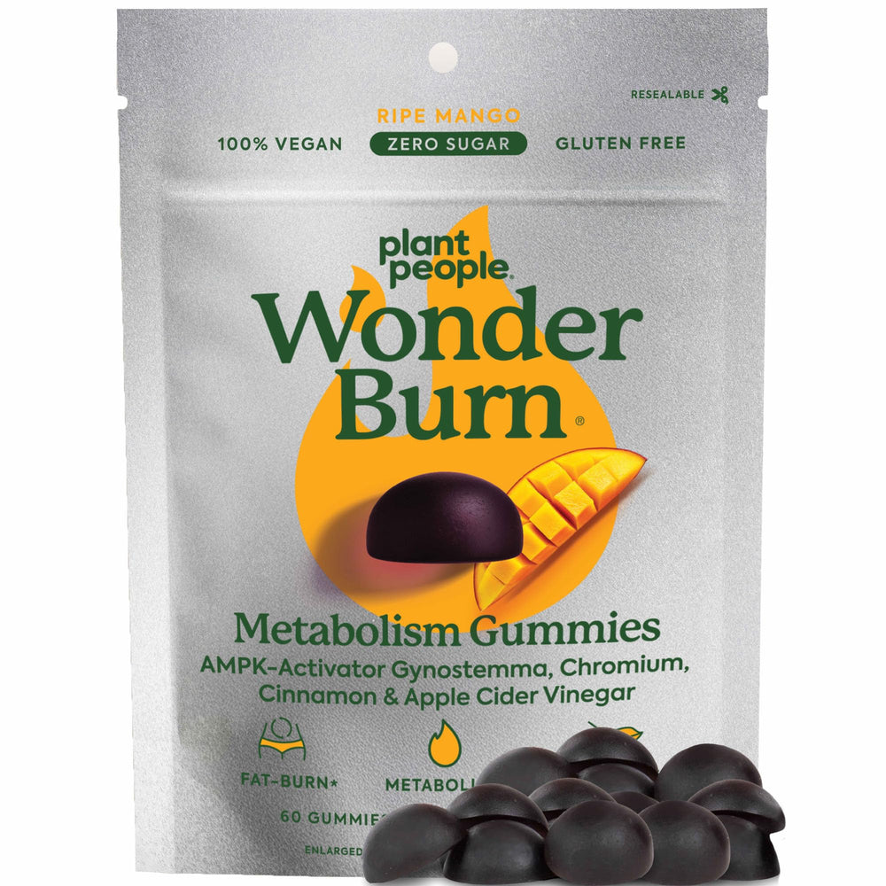 Plant People WonderBurn bottle front with vibrant mango theme highlighting zero sugar metabolism support.