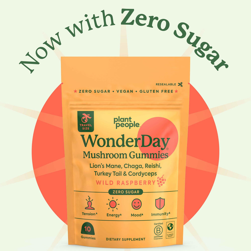 Plant People WonderDay Mini packaging highlights ten mushrooms and vegan formula.