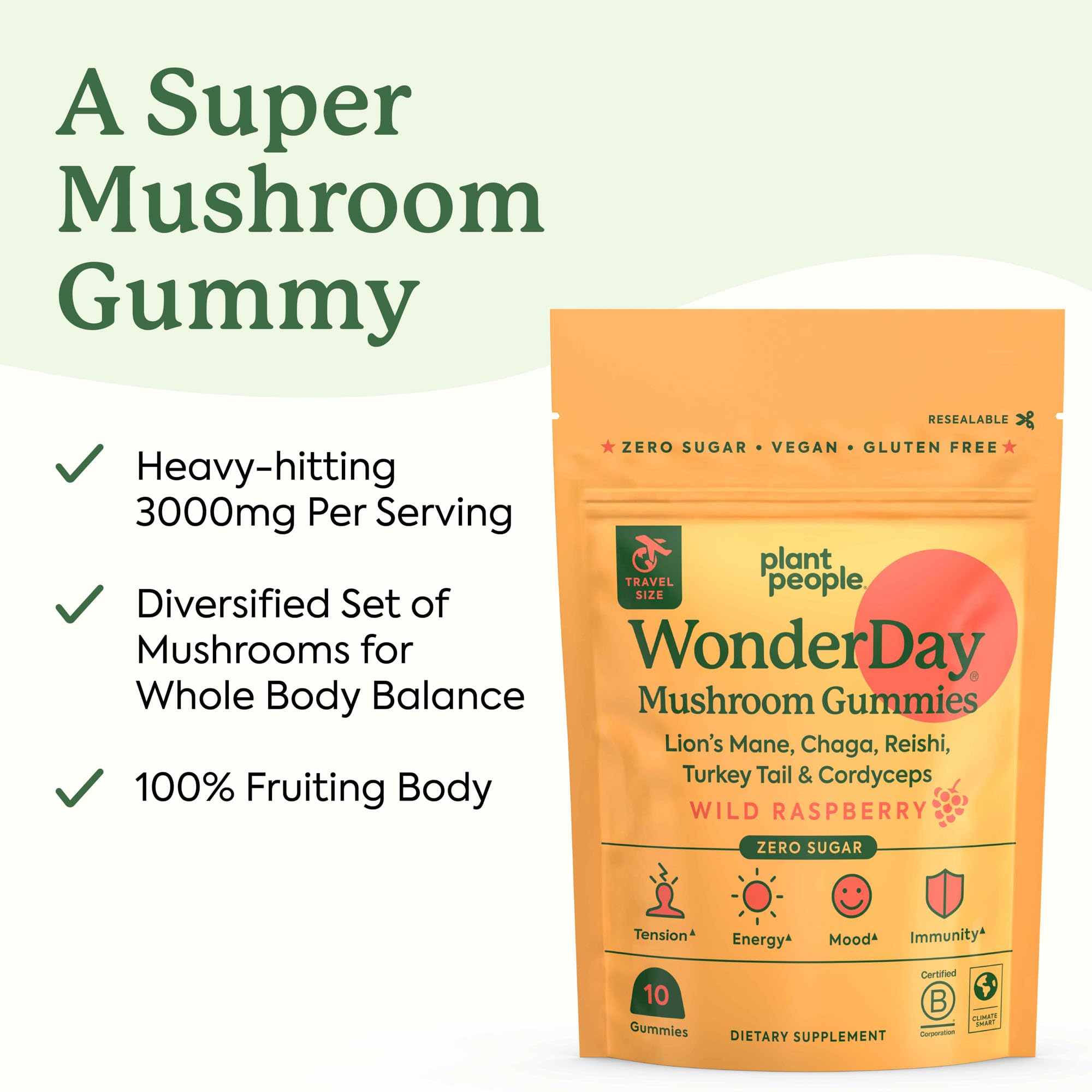 Plant People WonderDay Mini featuring Reishi hints at stress balance concept.