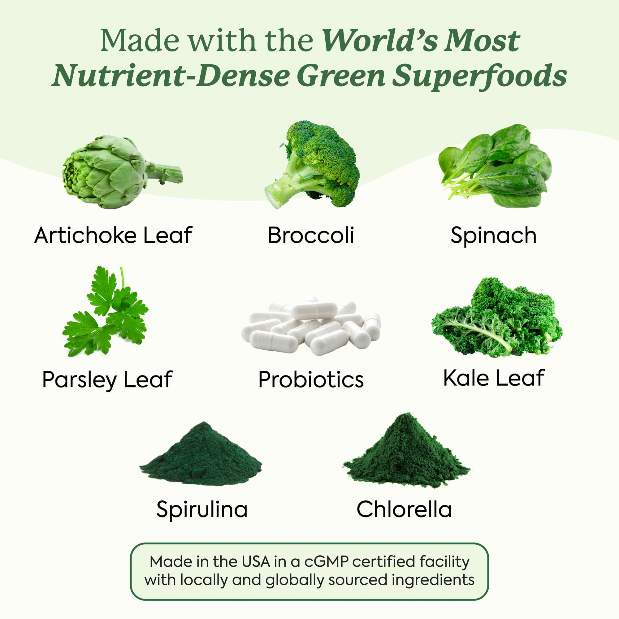 WonderGreens ingredients panel highlighting spirulina and kale nutrients