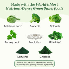 WonderGreens ingredients panel highlighting spirulina and kale nutrients