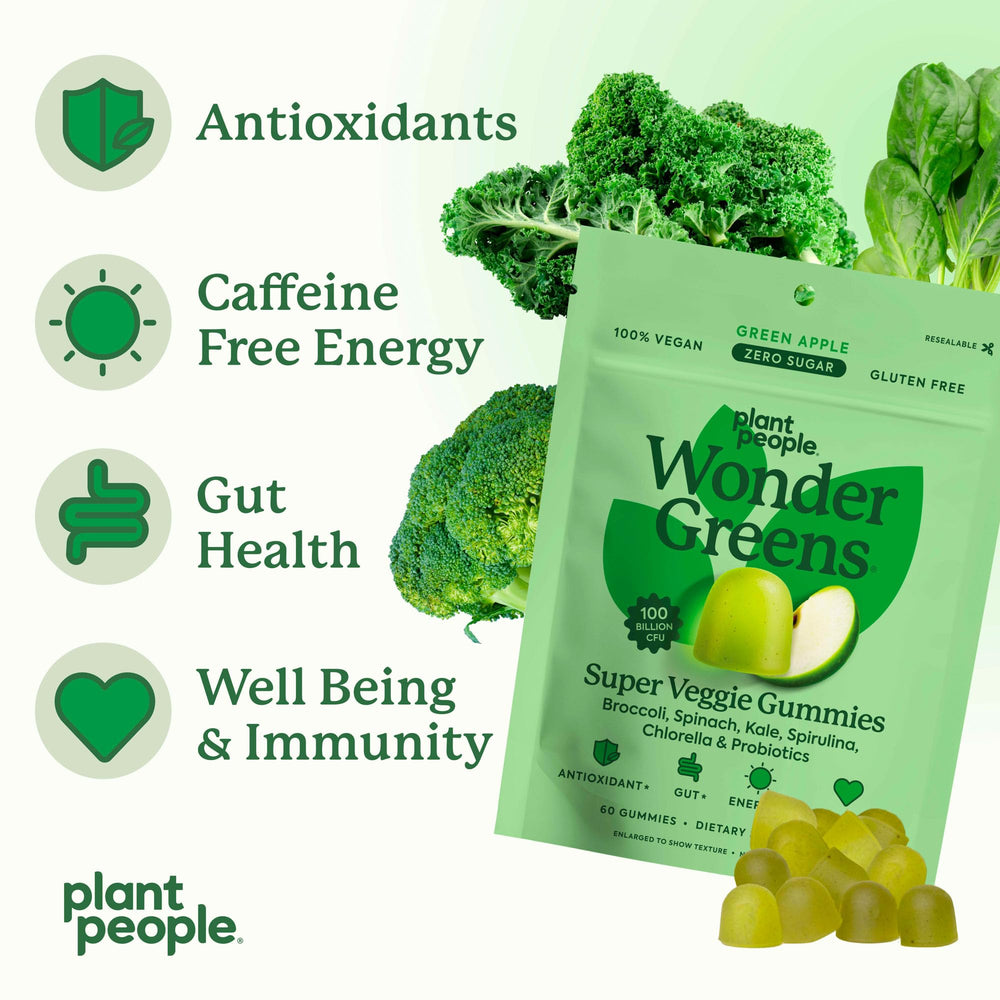 Probiotic blend label on WonderGreens bottle emphasizes gut-friendly potential