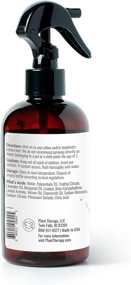 Plant Therapy Blissful Dreams pillow and linen mist refreshes linens for a calm night.