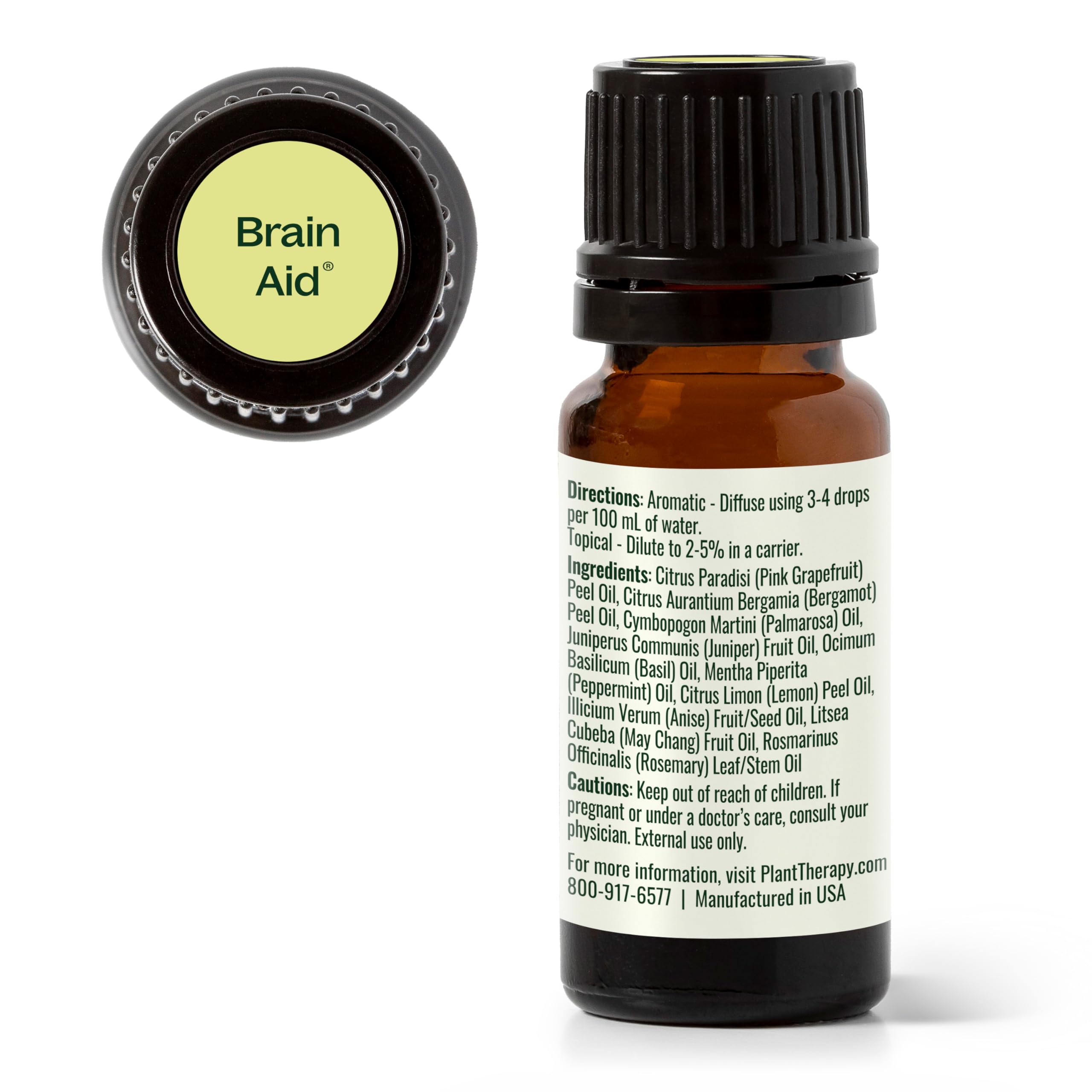 Brain Aid packaging from Plant Therapy with usage guidance and bottle details.