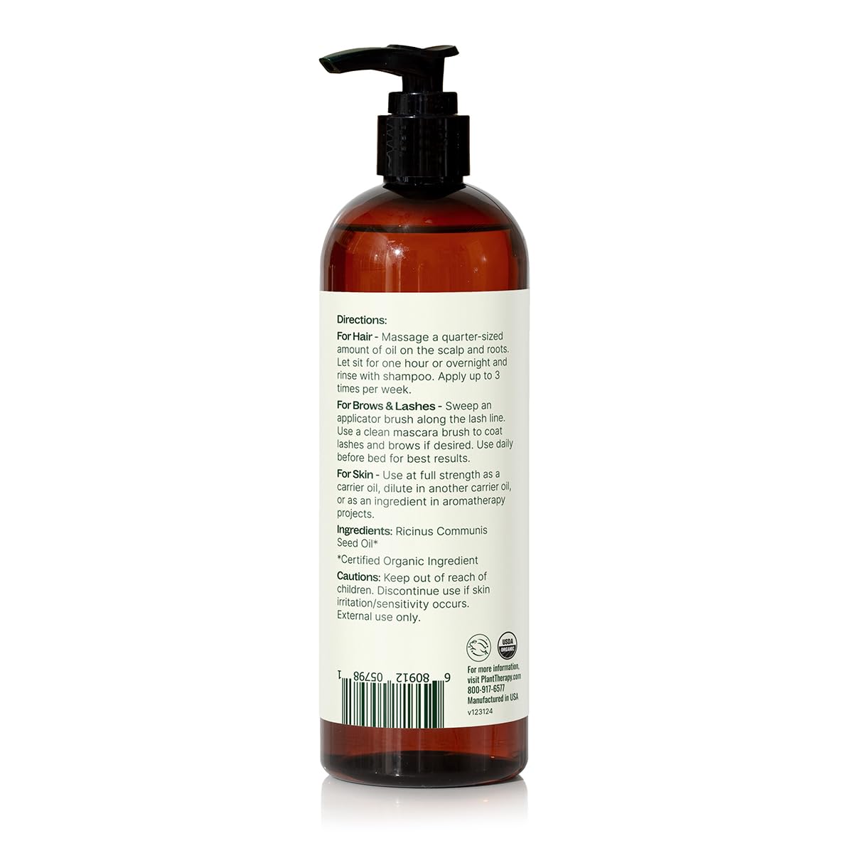 Plant Therapy Castor Oil label close-up shows ingredients and certifications.