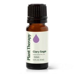 Plant Therapy Clary Sage oil bottle top view, emphasizing purity and packaging