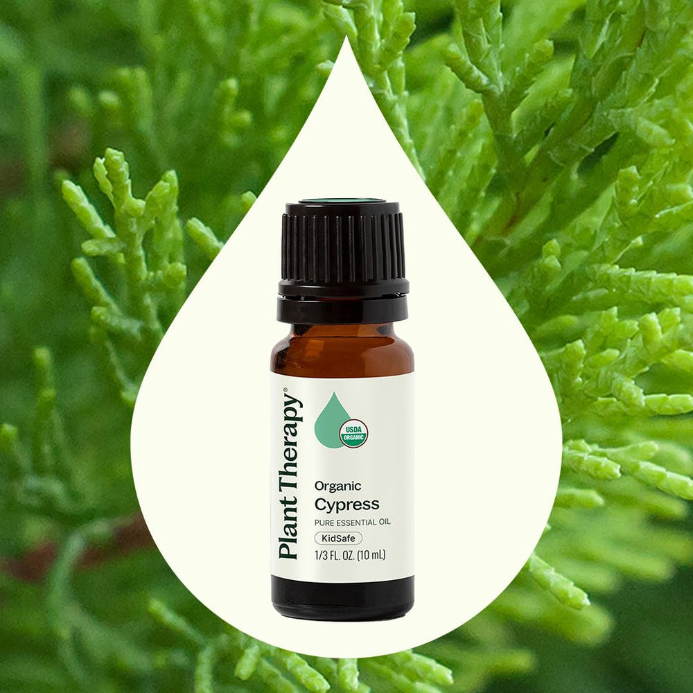 Plant Therapy Cypress Oil label detail—100% pure oil with quality promise.