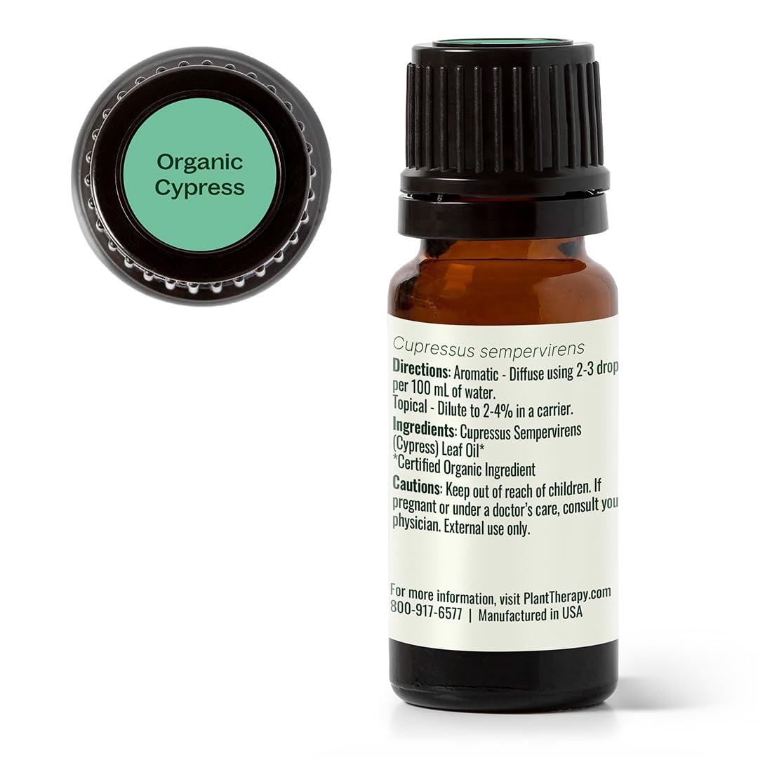 Plant Therapy Cypress Oil on shelf—premium oil ready for daily use.