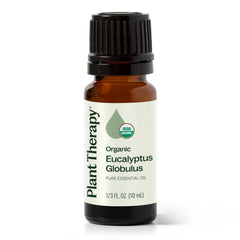 Plant Therapy eucalyptus globulus bottle showing pure essential oil for breathing support