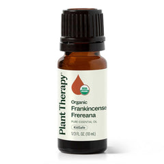 Plant Therapy Frankincense Frereana oil bottle ready for aromatherapy sessions.