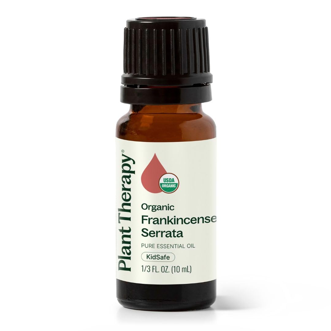 Plant Therapy Frankincense Serrata bottle pour for calming aromatherapy and clear breathing support.