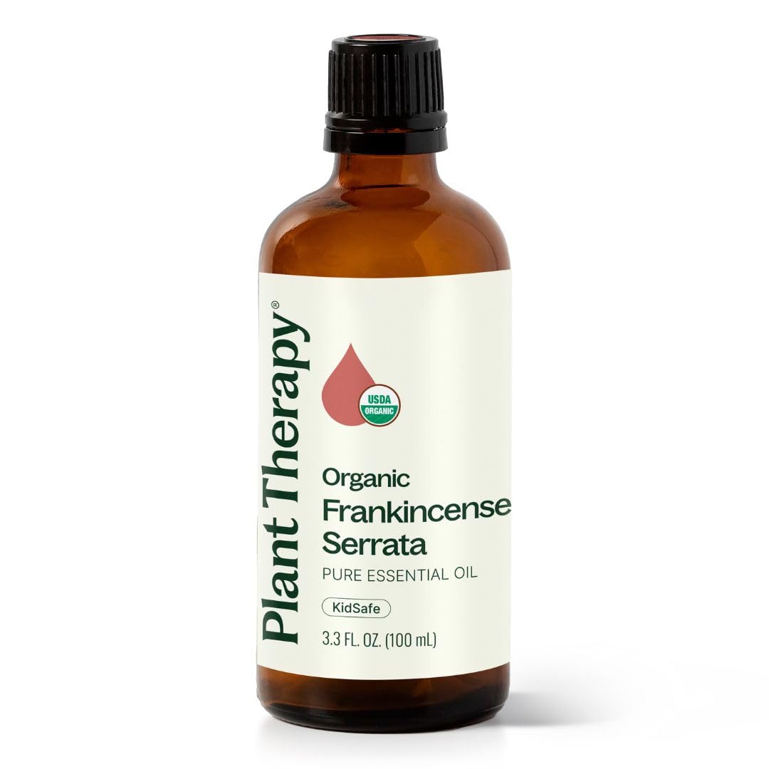 Plant Therapy Frankincense Serrata bottle with label, emphasizing purity