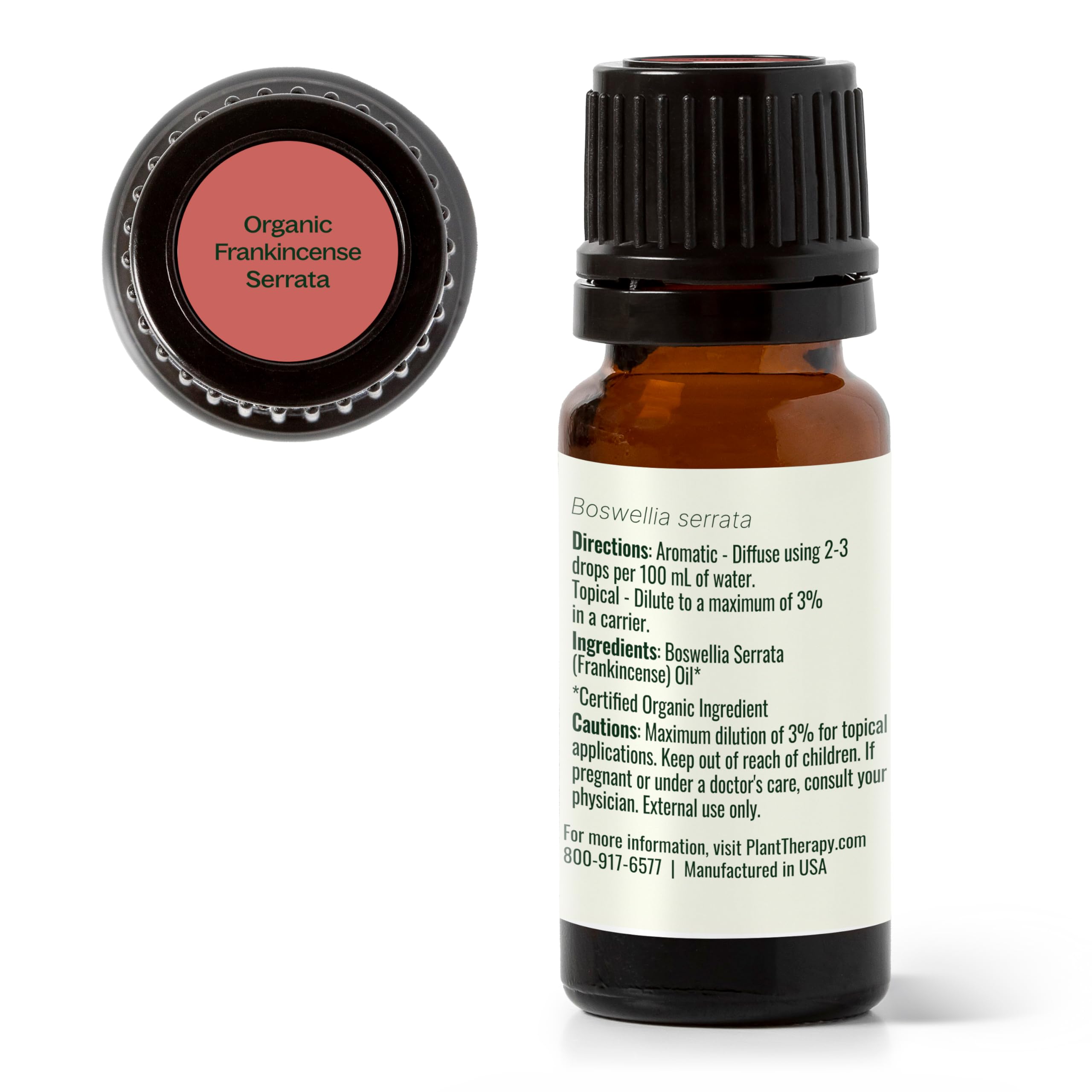 Plant Therapy Frankincense Serrata bottle emphasizes organic, pure oil quality.