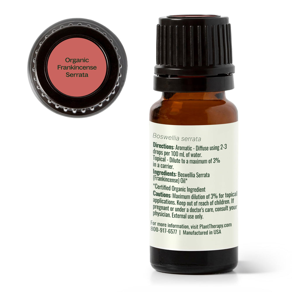 Plant Therapy Frankincense Serrata bottle emphasizes organic, pure oil quality.