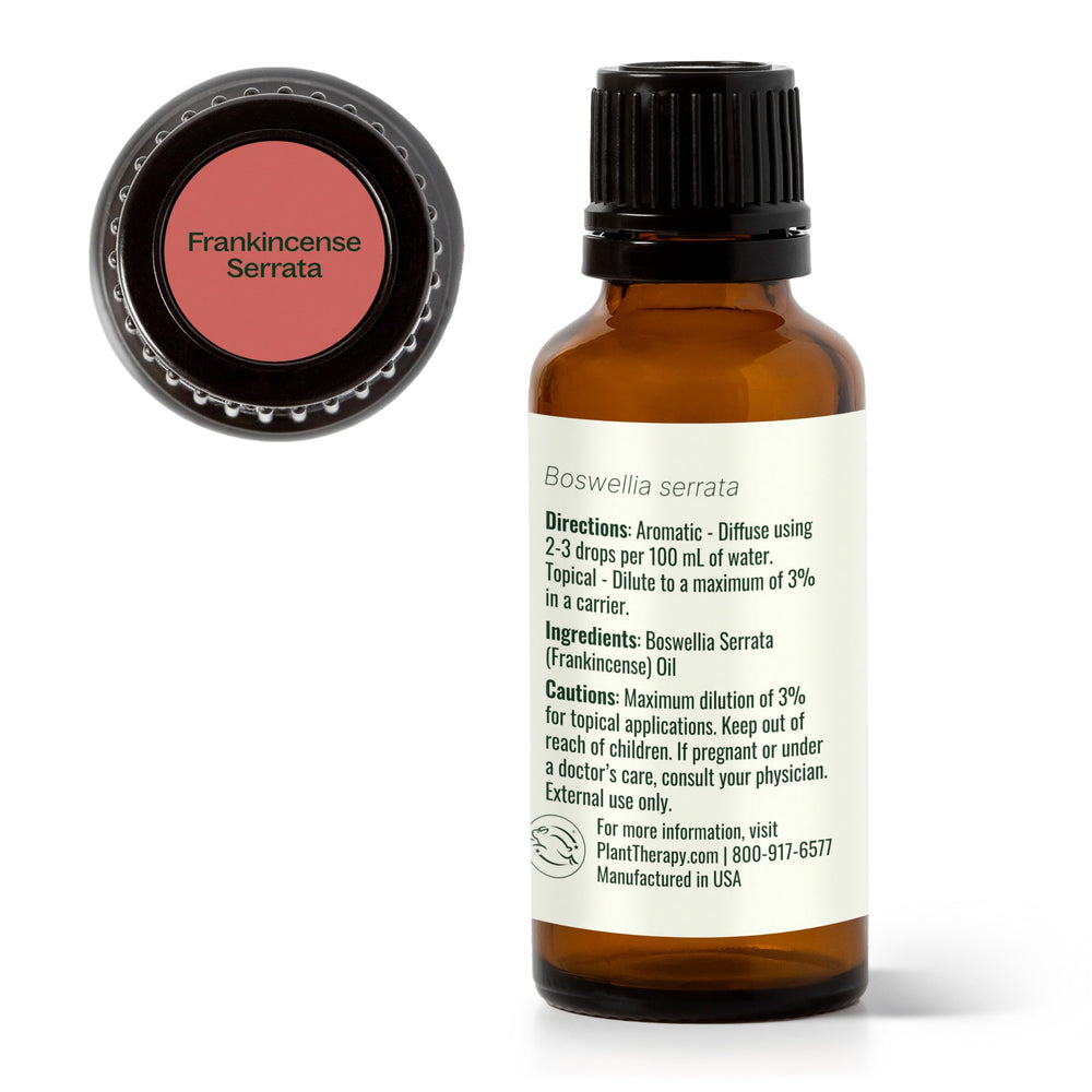 Packaging box for Plant Therapy Frankincense Serrata with product notes.