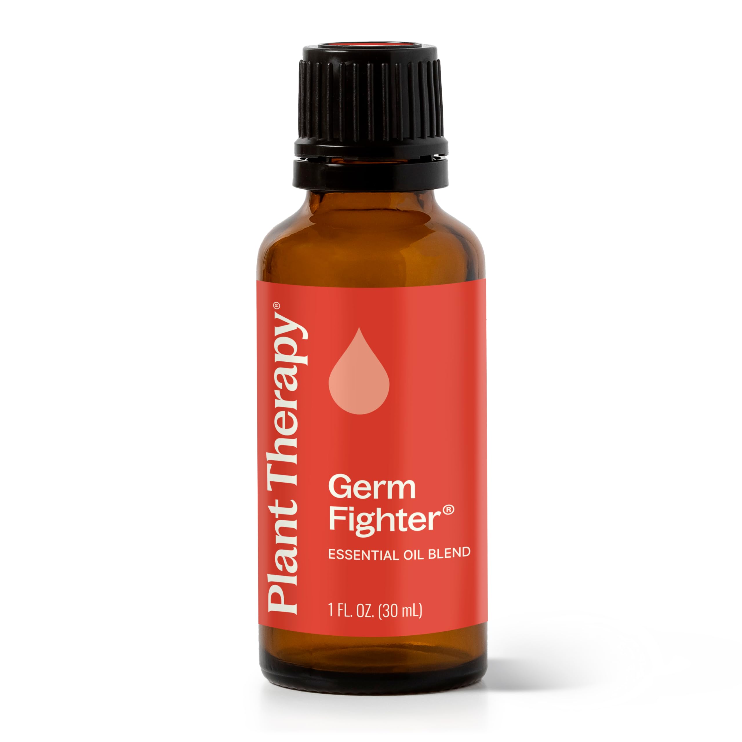 Plant Therapy Germ Fighter bottle label shows pure essential oil blend for immune-support routines