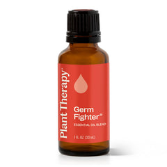 Plant Therapy Germ Fighter bottle label shows pure essential oil blend for immune-support routines
