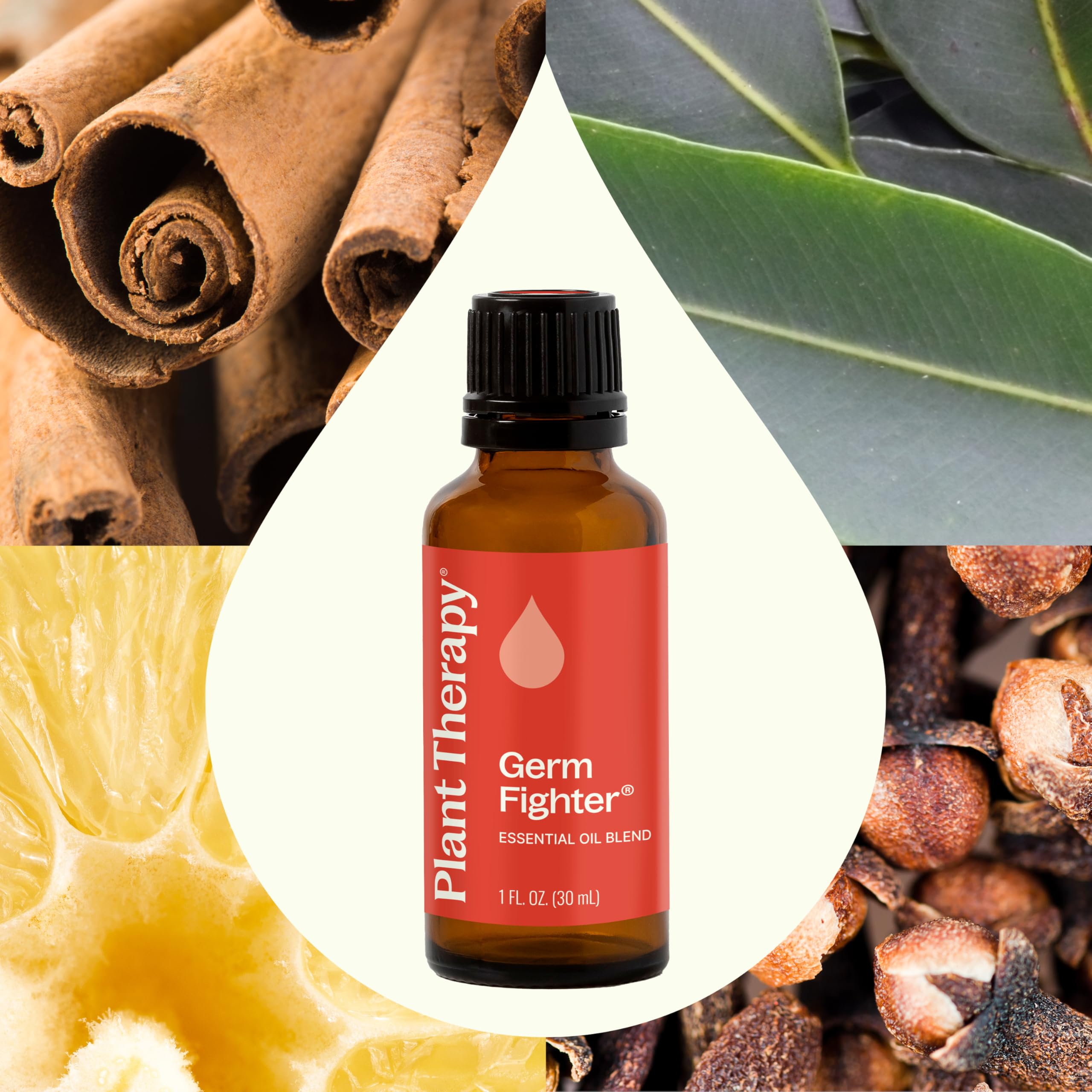 Plant Therapy Germ Fighter bottle being poured for diffuser use and easy blending