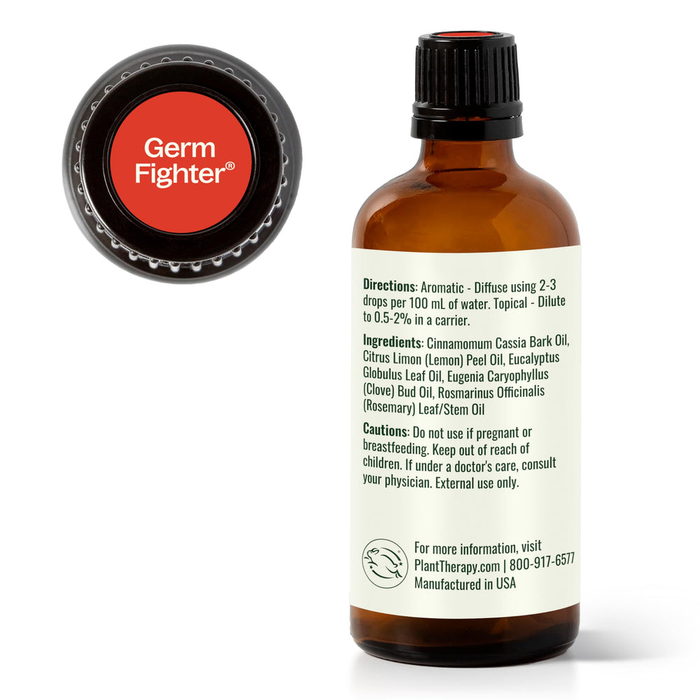 Plant Therapy Germ Fighter aroma blend highlights lemon, cloves, eucalyptus for daily mood support.