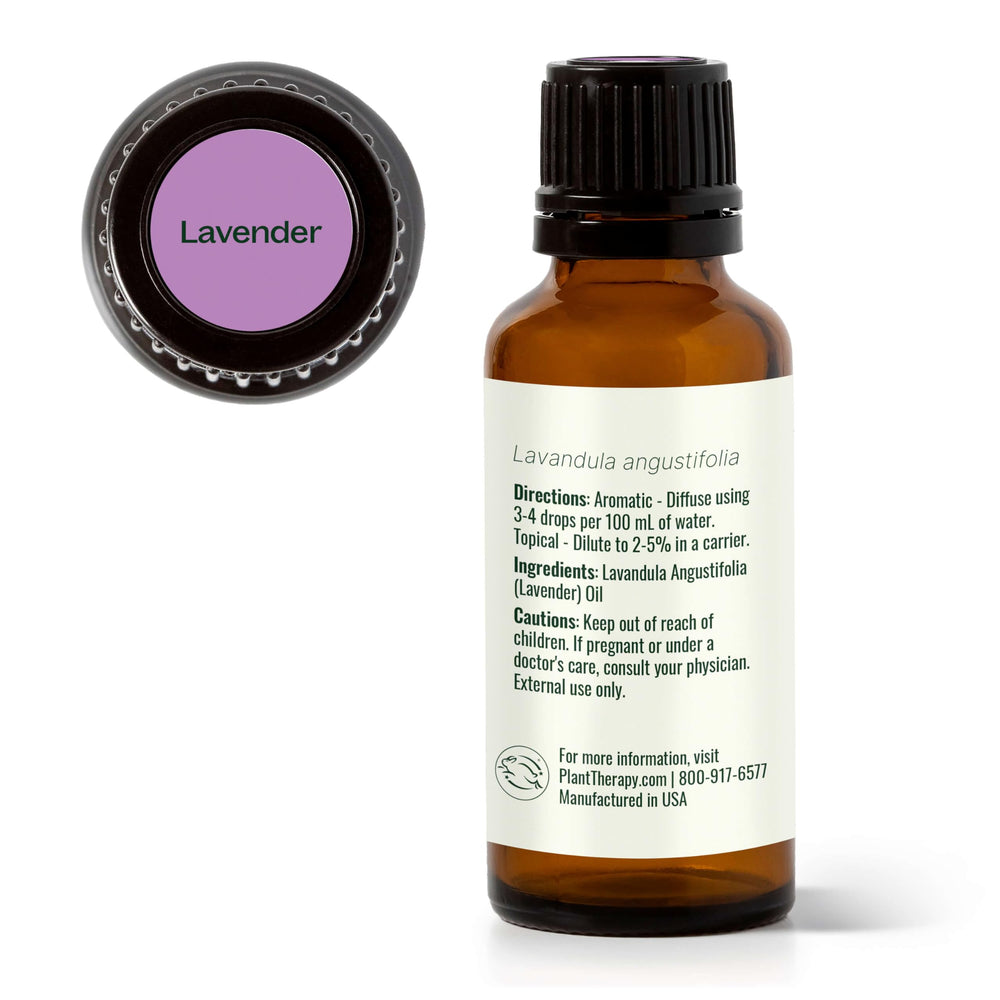 Plant Therapy Lavender oil label close-up with batch details for quality assurance.