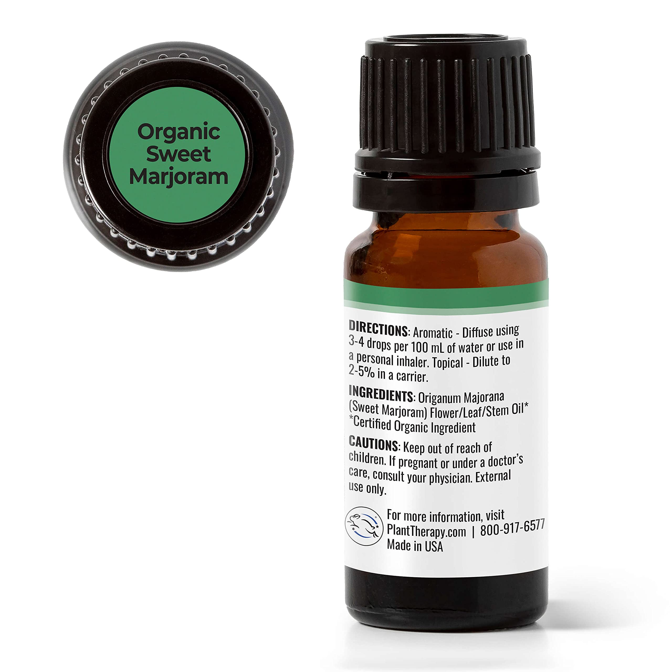 Plant Therapy Marjoram Sweet bottle label, organic certification highlighted.