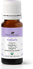 Plant Therapy Nighty Night bottle label on shelf for calming bedtime aromatherapy.