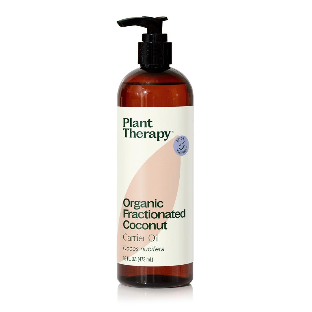 Plant Therapy Organic Fractionated Coconut Oil bottle for lightweight hydration.