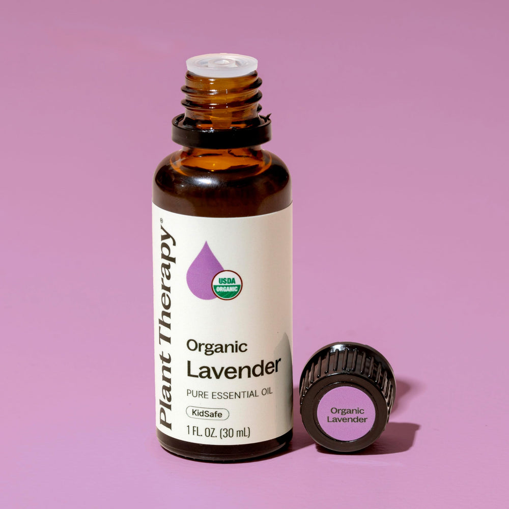 Organic lavender oil bottle by Plant Therapy for skin or hair care.
