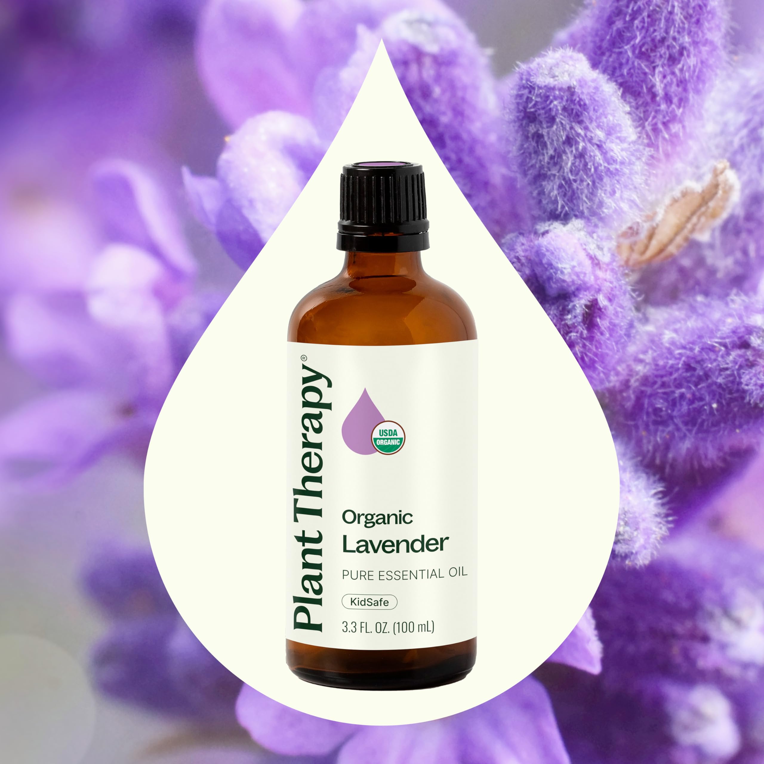 Close-up of Plant Therapy Lavender Oil label highlighting purity and testing.