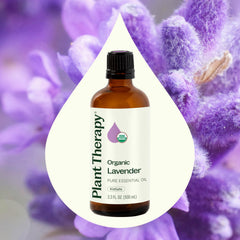 Close-up of Plant Therapy Lavender Oil label highlighting purity and testing.