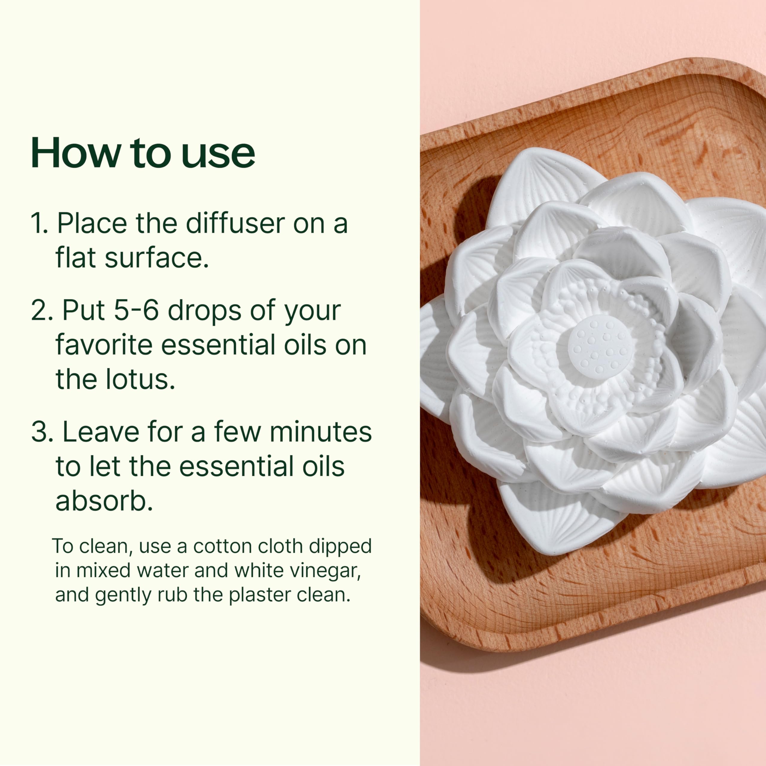 Plant Therapy passive lotus diffuser on natural wood base adds elegant decor and scent.