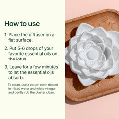 Plant Therapy passive lotus diffuser on natural wood base adds elegant decor and scent.