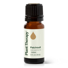 Plant Therapy Patchouli oil bottle for calming aromatherapy and skin care.