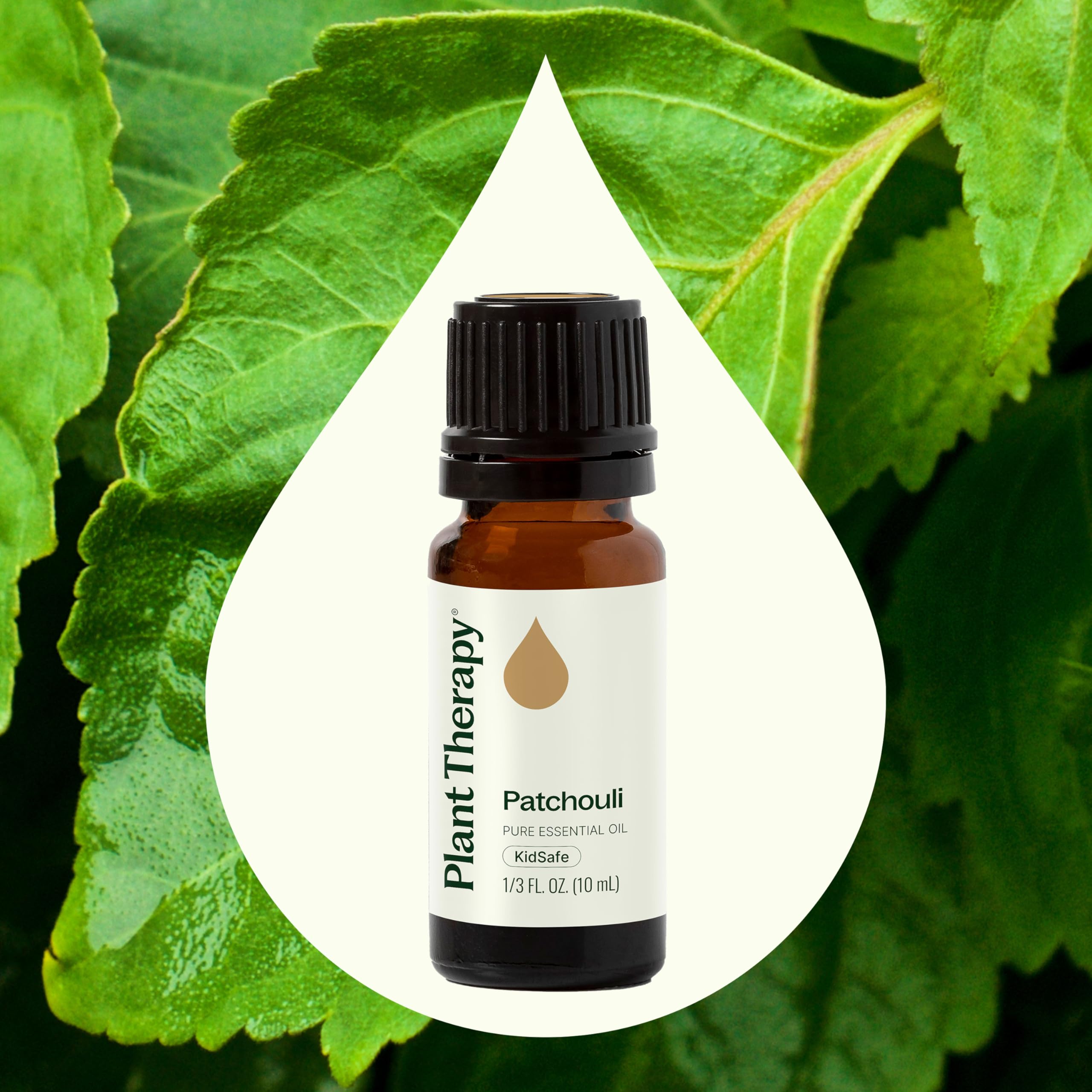 Plant Therapy Patchouli oil label highlights purity and safety through quality controls.